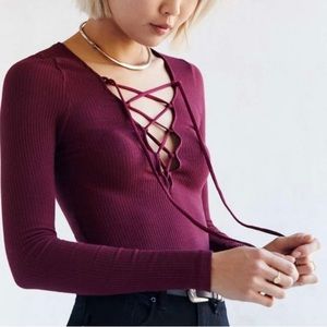 Lace-Up Ribbed Long-Sleeve Top - Plum